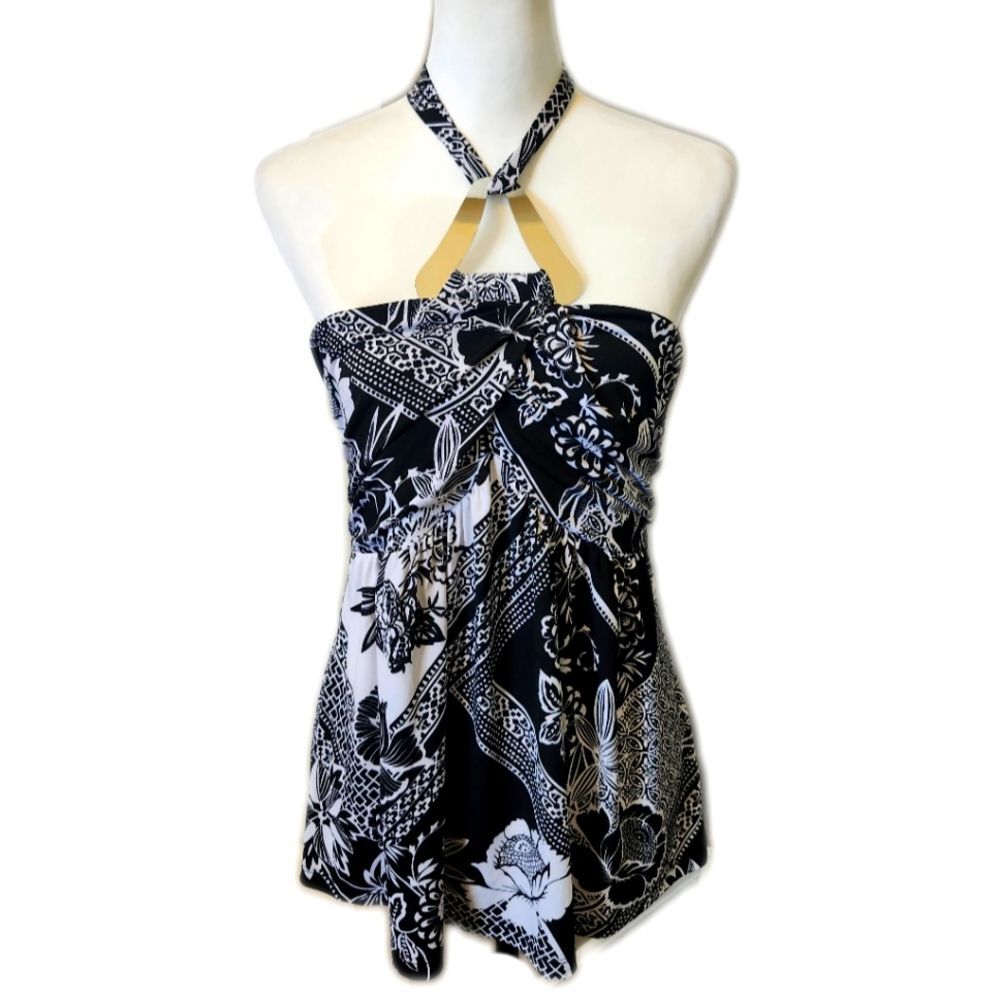 5/$55 Boston Proper Black & White Twist Front Halter, Tie Neck, Oversized Small